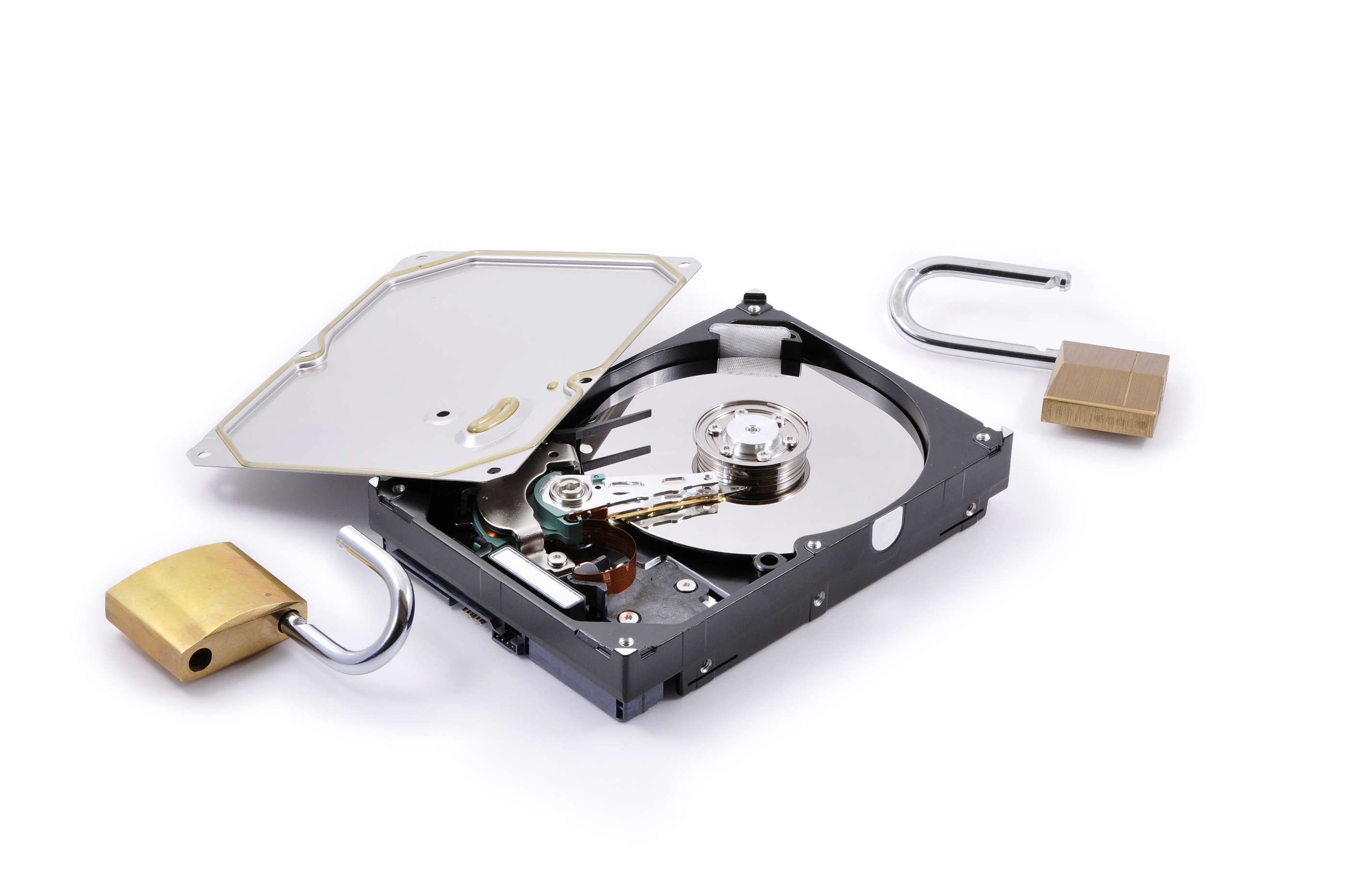 Hard disk protection broken on a white background with two opened padlocks